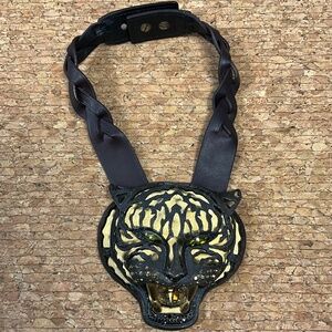 Lanvin Paris Tiger Head Leather Choker Crystal Gold Statement Necklace